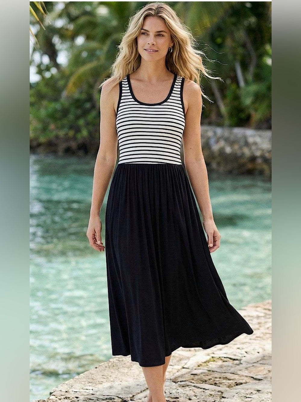 Karen Kane black/white striped knit top and black rayon skirt dress. Size M. NWT
